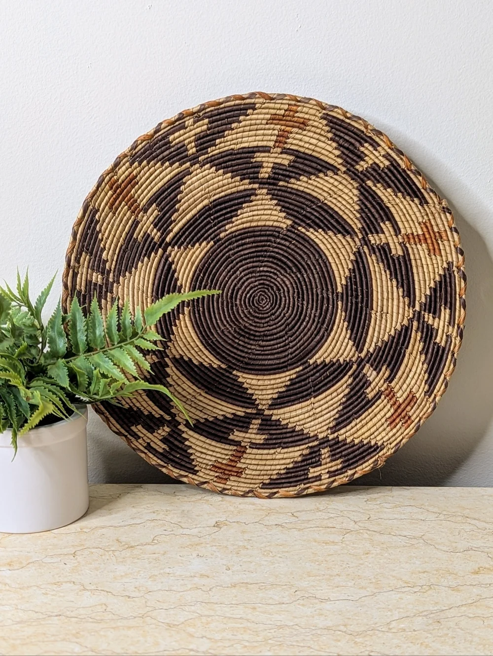 Vintage Tohono O'odham Flat Hand Woven Round Basket Tray Mid Century